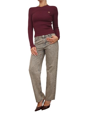 TWIN-SET Maglia Twinset in filato a costine bordeaux con lavorazione traforata in DONNA