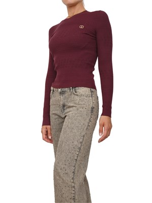 TWIN-SET Maglia Twinset in filato a costine bordeaux con lavorazione traforata in DONNA
