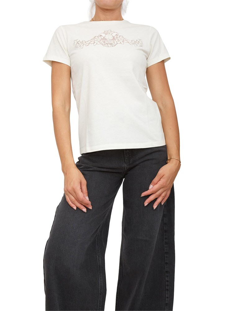 TWIN-SET T-shirt Twinset in jersey di cotone bianco panna con pizzo intarsiato