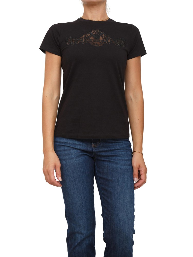 TWIN-SET T-shirt Twinset in jersey di cotone nero con pizzo intarsiato