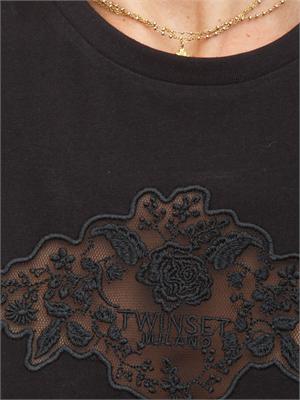 TWIN-SET T-shirt Twinset in jersey di cotone nero con pizzo intarsiato in DONNA