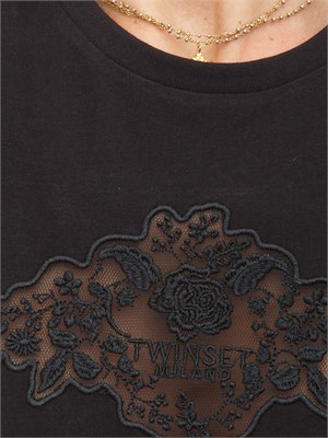 TWIN-SET T-shirt Twinset in jersey di cotone nero con pizzo intarsiato in DONNA