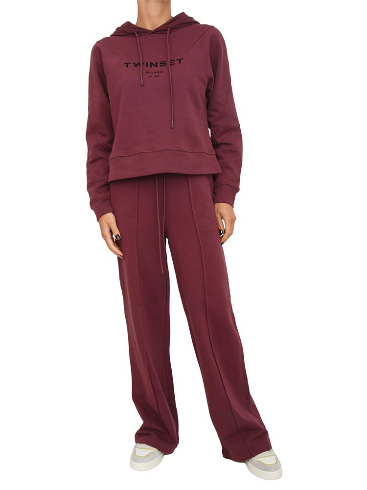 TWIN-SET Tuta sportiva Twinset felpa+pantaloni in jersey di cotone bordeaux con logo contrasto