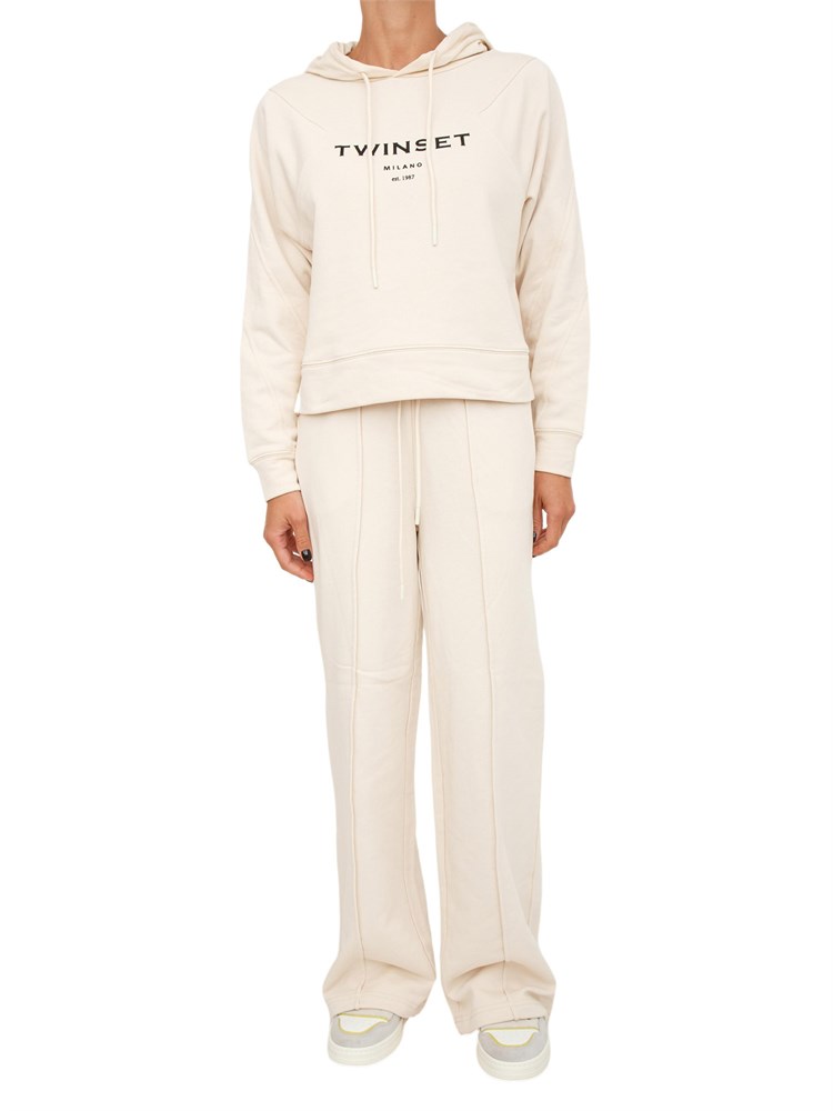 TWIN-SET Tuta sportiva Twinset felpa+pantaloni in jersey di cotone avorio con logo contrasto