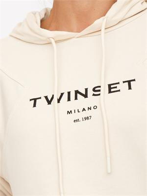 TWIN-SET Tuta sportiva Twinset felpa+pantaloni in jersey di cotone avorio con logo contrasto in DONNA