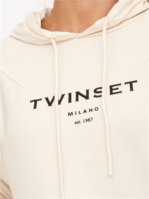 TWIN-SET Tuta sportiva Twinset felpa+pantaloni in jersey di cotone avorio con logo contrasto in DONNA