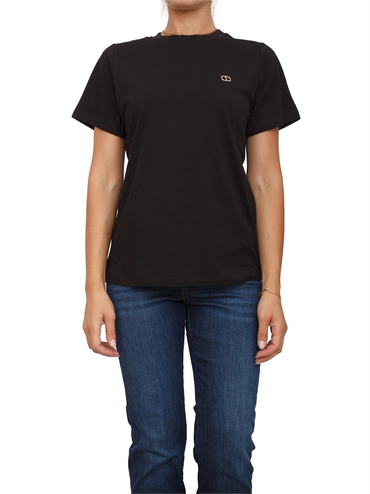 TWIN-SET T-shirt Twinset in jersey di cotone nero con placchetta Oval T strass