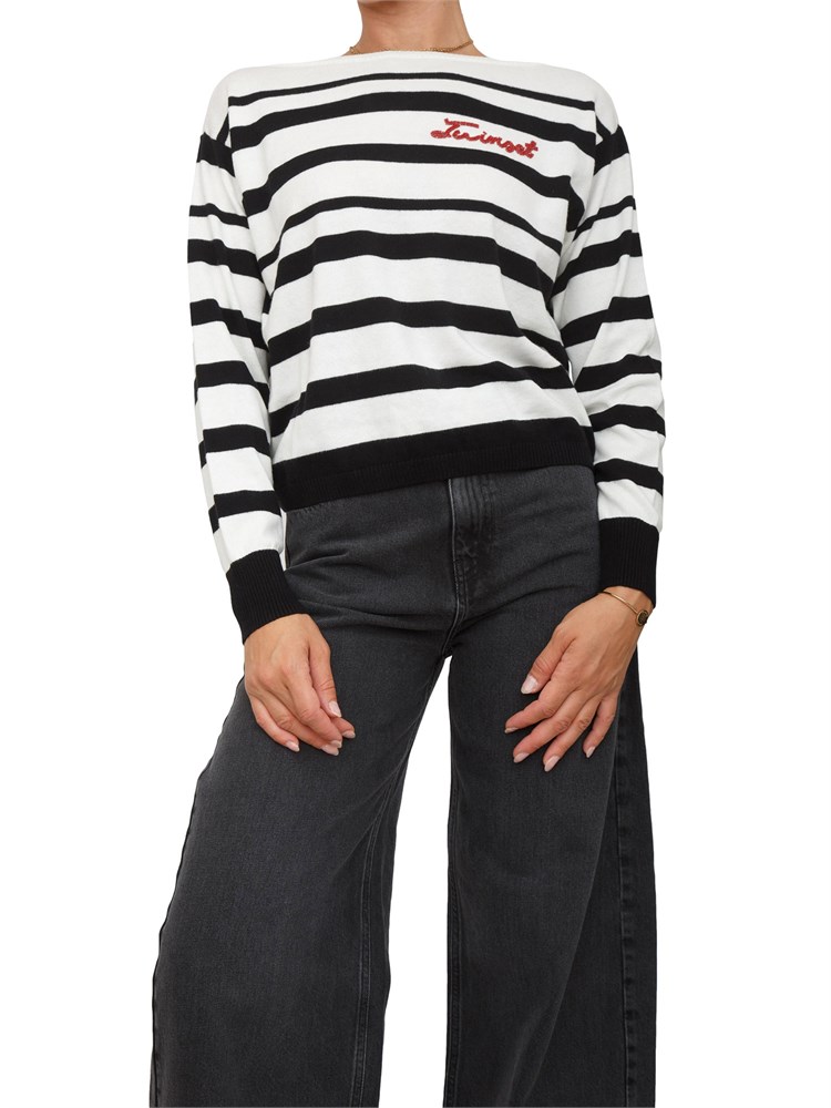 TWIN-SET Maglia girocollo Twinset in misto lana a righe bicolor nero bianco e logo lettering
