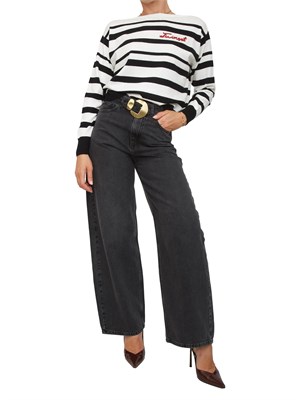 TWIN-SET Maglia girocollo Twinset in misto lana a righe bicolor nero bianco e logo lettering in DONNA