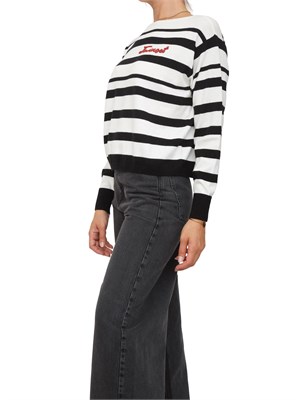 TWIN-SET Maglia girocollo Twinset in misto lana a righe bicolor nero bianco e logo lettering in DONNA