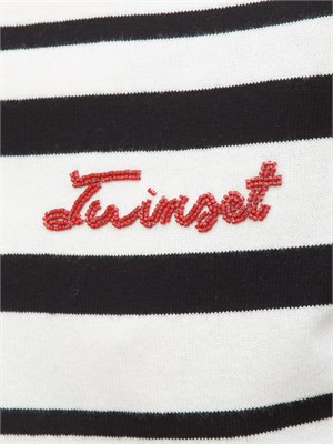 TWIN-SET Maglia girocollo Twinset in misto lana a righe bicolor nero bianco e logo lettering in DONNA
