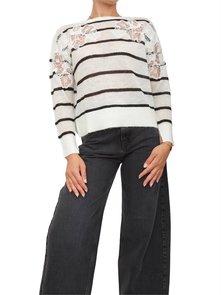 TWIN-SET Maglia Twinset in misto mohair bianco e nero con pizzo e spacchi