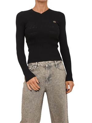TWIN-SET Maglia Twinset in filato a costine nera con lavorazione traforata in DONNA