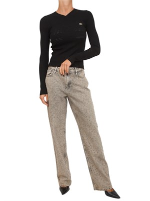TWIN-SET Maglia Twinset in filato a costine nera con lavorazione traforata in DONNA