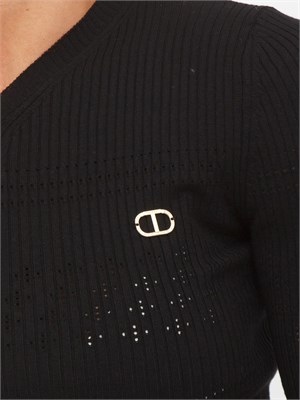 TWIN-SET Maglia Twinset in filato a costine nera con lavorazione traforata in DONNA