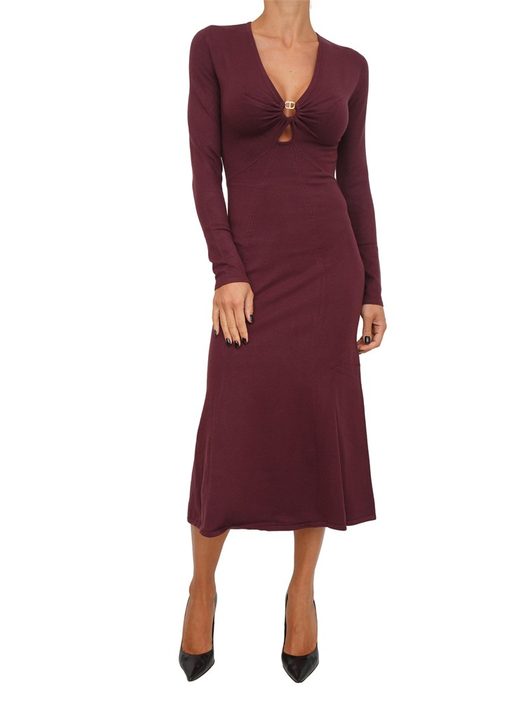 TWIN-SET Abito longuette in maglia bordeaux con scollo con logo Oval T