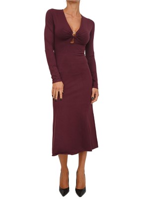 TWIN-SET Abito longuette in maglia bordeaux con scollo con logo Oval T in DONNA