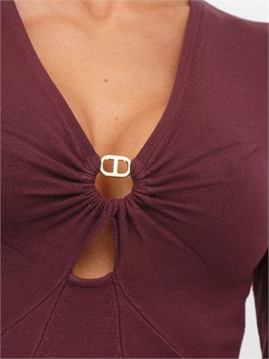 TWIN-SET Abito longuette in maglia bordeaux con scollo con logo Oval T in DONNA