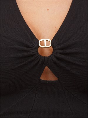 TWIN-SET Abito longuette in maglia nero con scollo con logo Oval T in DONNA
