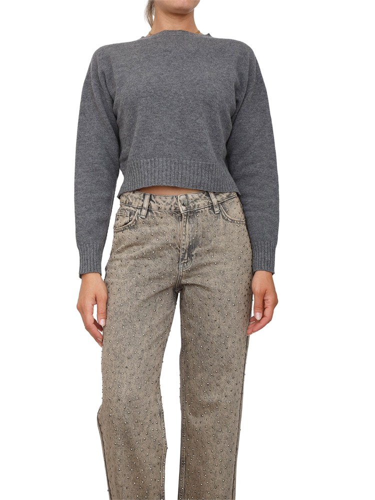 TWIN-SET Maglia cropped Twinset in misto mohair grigio con inserti lurex in fondo