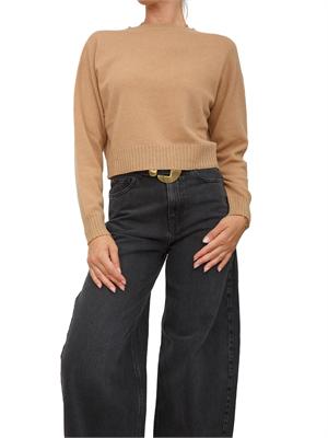 TWIN-SET Maglia cropped Twinset in misto mohair cammello con inserti lurex in fondo in DONNA