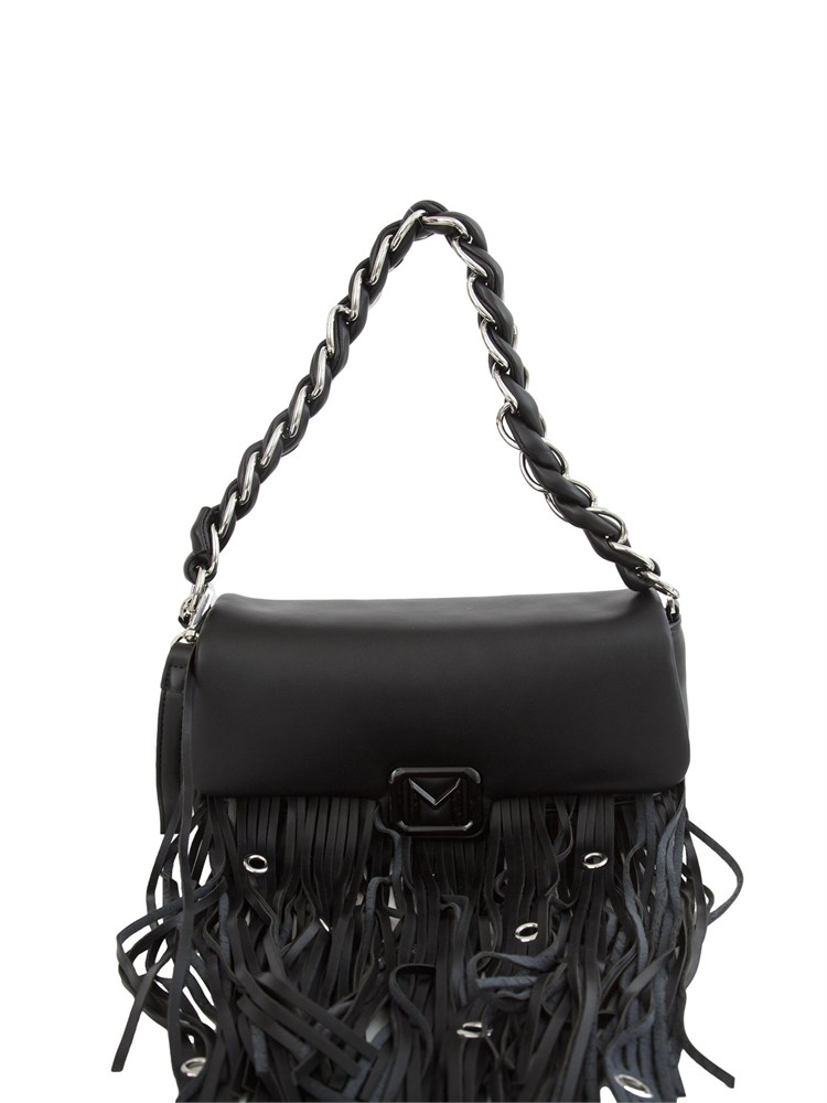 Borsa a spalla Marella in pelle ecologica nera con frange