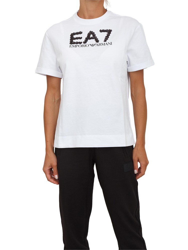 T-shirt EA7 Emporio Armani in cotone bianco con maxi logo paillettes a contrasto