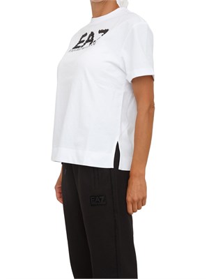 T-shirt EA7 Emporio Armani in cotone bianco con maxi logo paillettes a contrasto in DONNA