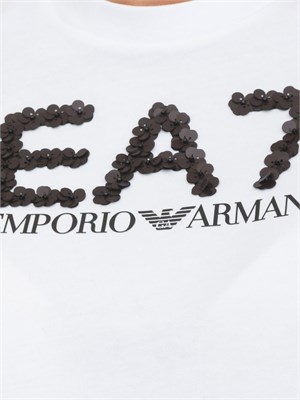T-shirt EA7 Emporio Armani in cotone bianco con maxi logo paillettes a contrasto in DONNA