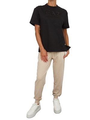 T-shirt EA7 Emporio Armani in cotone nero con maxi logo paillettes tono su tono in DONNA