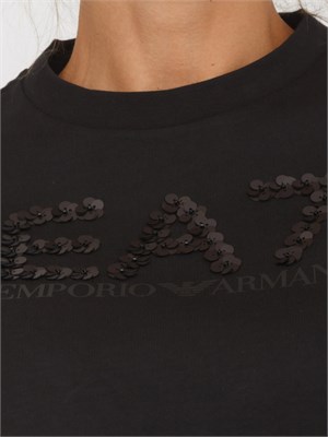 T-shirt EA7 Emporio Armani in cotone nero con maxi logo paillettes tono su tono in DONNA