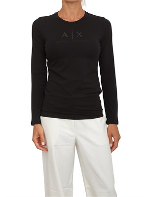 T-shirt donna Armani Exchange in jersey di cotone nero con logo strass tono su tono in DONNA