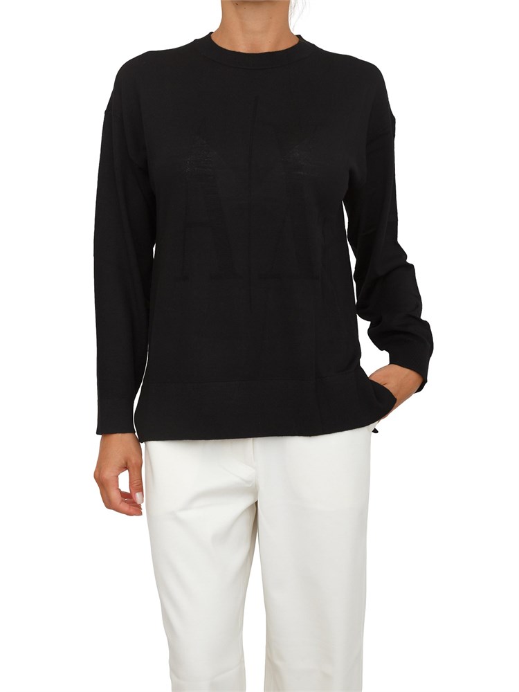 Maglia donna Armani Exchange in misto viscosa nera con maxi logo tono su tono