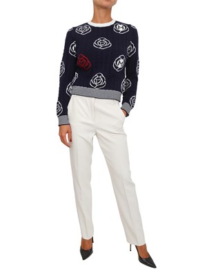 Maglia Fumato Marella in misto lana blu e fiori a contrasto in DONNA