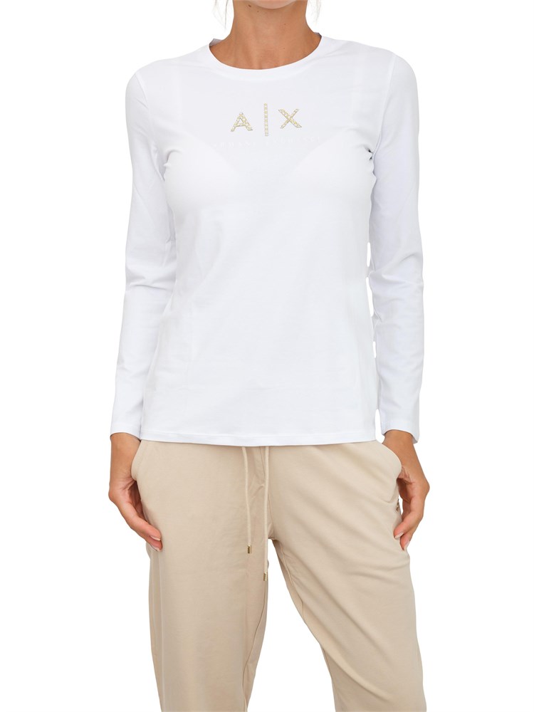 T-shirt donna Armani Exchange in jersey di cotone bianco con logo strass oro