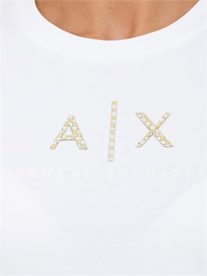 T-shirt donna Armani Exchange in jersey di cotone bianco con logo strass oro in DONNA