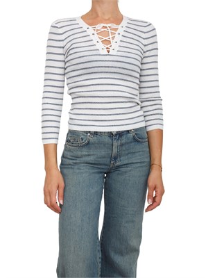 Maglia Marella in pura lana extrafine bianca con righe blu con lurex in DONNA