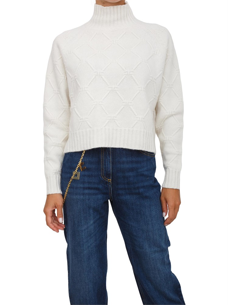 Pullover Elisabetta Franchi con losanghe jacquard  in maglia bianca