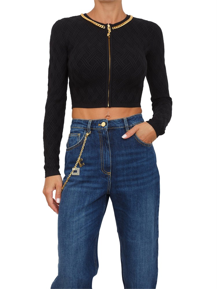 Cardigan Elisabetta Franchi a rombi con dettaglio gioiello in maglia nera