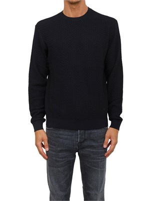 Maglione blu Emporio Armani in lana vergine con pattern jacquard a rilievo in UOMO