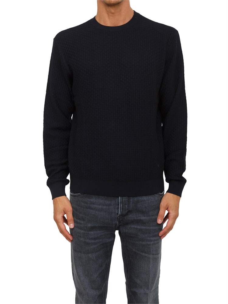 Maglione blu Emporio Armani in lana vergine con pattern jacquard a rilievo