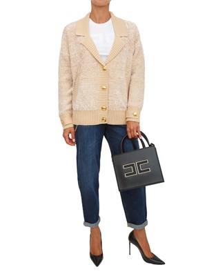 Cardigan Elisabetta Franchi in ciniglia bouclé beige con bottoni gioiello in DONNA