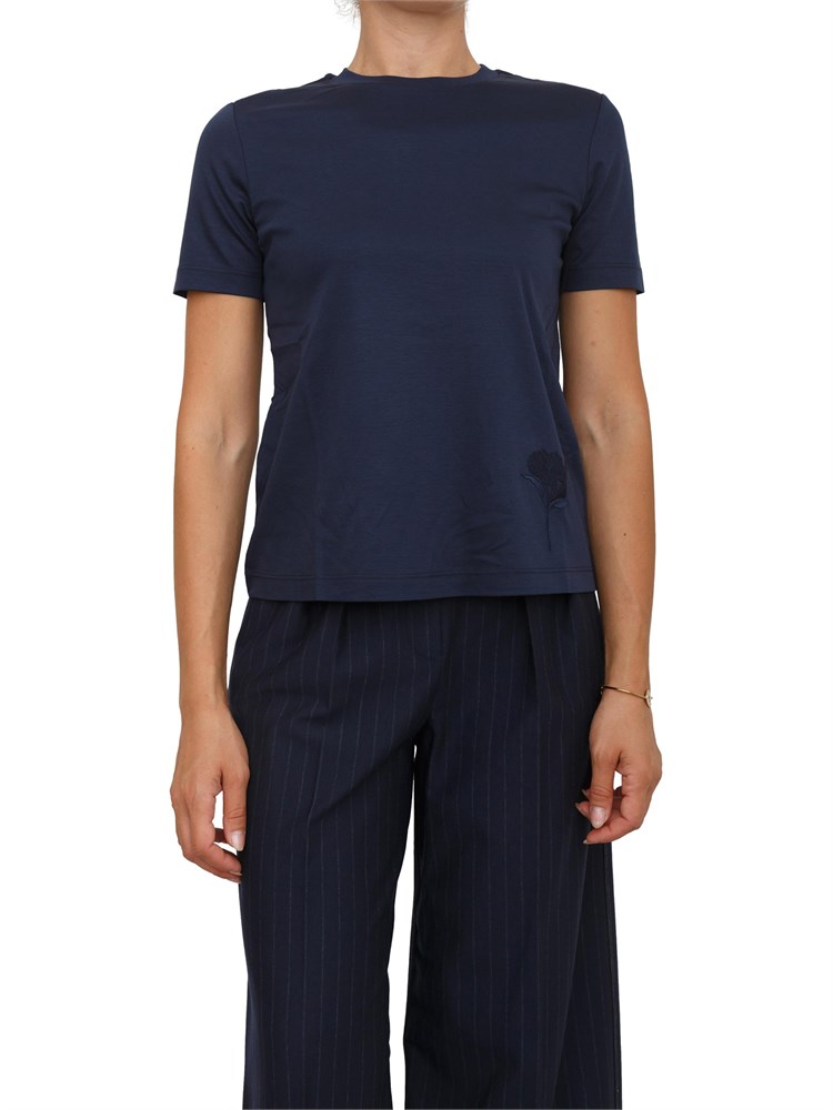 T-shirt Max Mara MM in jersey di cotone blu con ricamo fiore