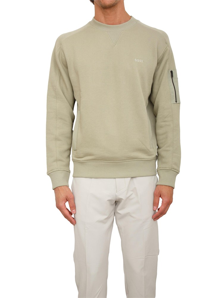 Felpa Boss uomo in misto cotone verde con tasca e zip su manica