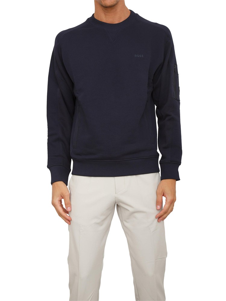 Felpa Boss uomo in misto cotone blu con tasca e zip su manica