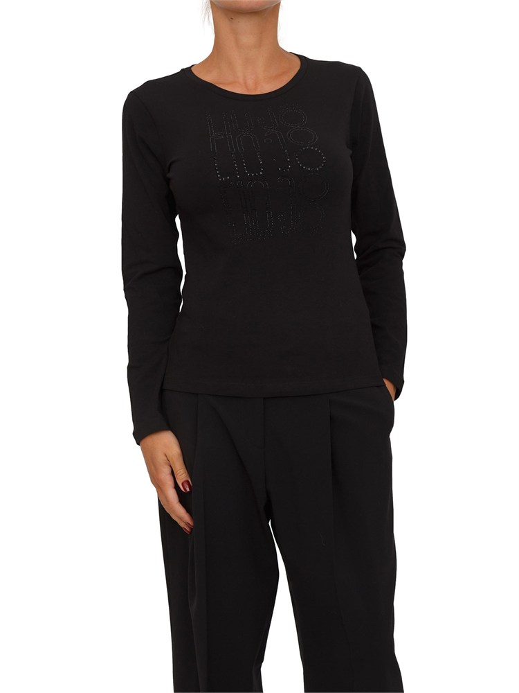 T-shirt Liu Jo donna in cotone nero con strass logo