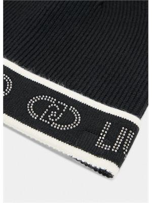 Berretto Liu Jo in maglia a costine nera con logo strass in DONNA