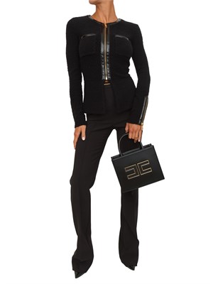 Cardigan Elisabetta Franchi in bouclÉ nero con inserti in vinile e zip in DONNA