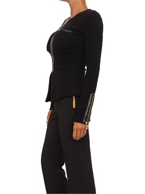 Cardigan Elisabetta Franchi in bouclÉ nero con inserti in vinile e zip in DONNA