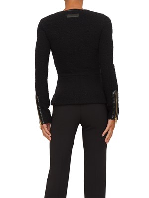 Cardigan Elisabetta Franchi in bouclÉ nero con inserti in vinile e zip in DONNA